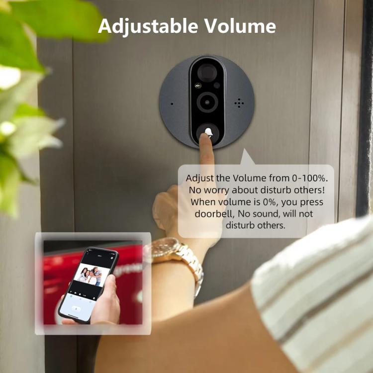 Mounted gray video doorbell camera with volume adjustment indicator graphic