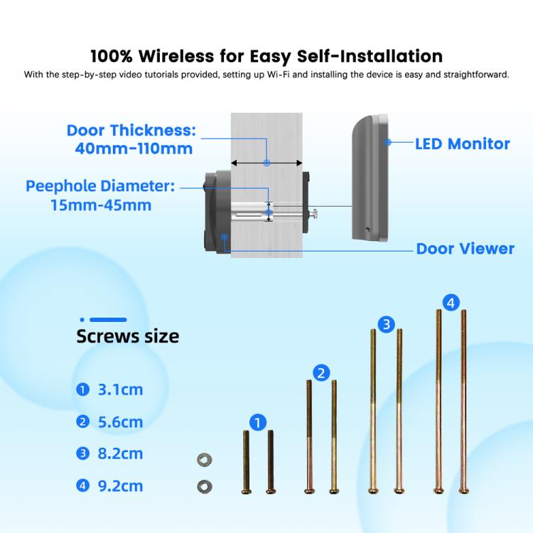 Wireless doorbell installation diagram showing door thickness and peep-hole size ranges