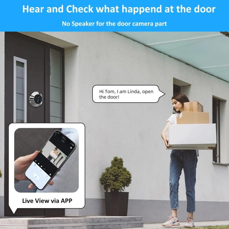 Smart video doorbell at entry door with app phone view and two-way chat bubble