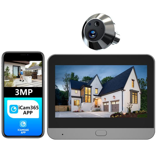 Silver smart Wi‑Fi video doorbell with round camera lens and large built-in display