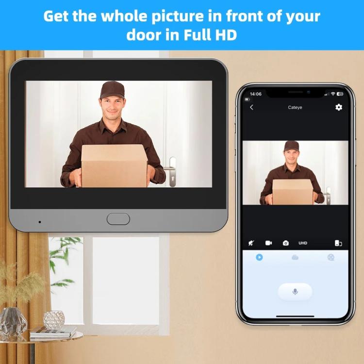 Front door video on built-in monitor and smartphone app for package delivery