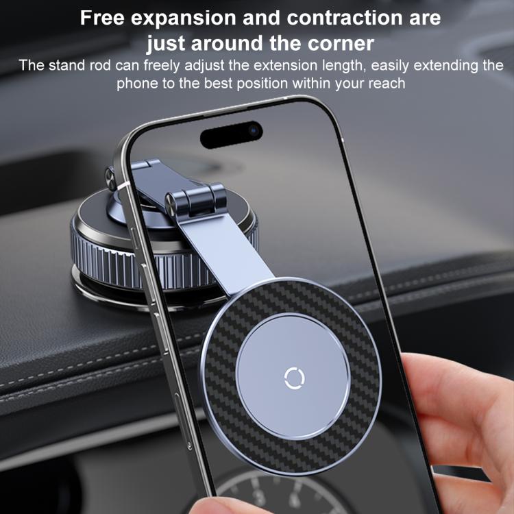 Car magnetic phone holder with carbon-fiber disc gripping a smartphone