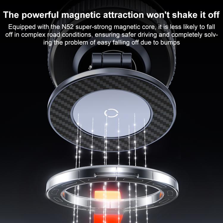 Close-up of carbon-fiber magnetic phone mount pad on the car base