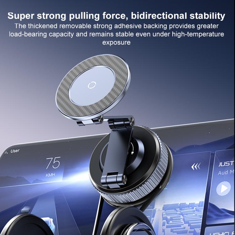 Car magnetic phone holder with carbon-fiber disc mounted on dashboard