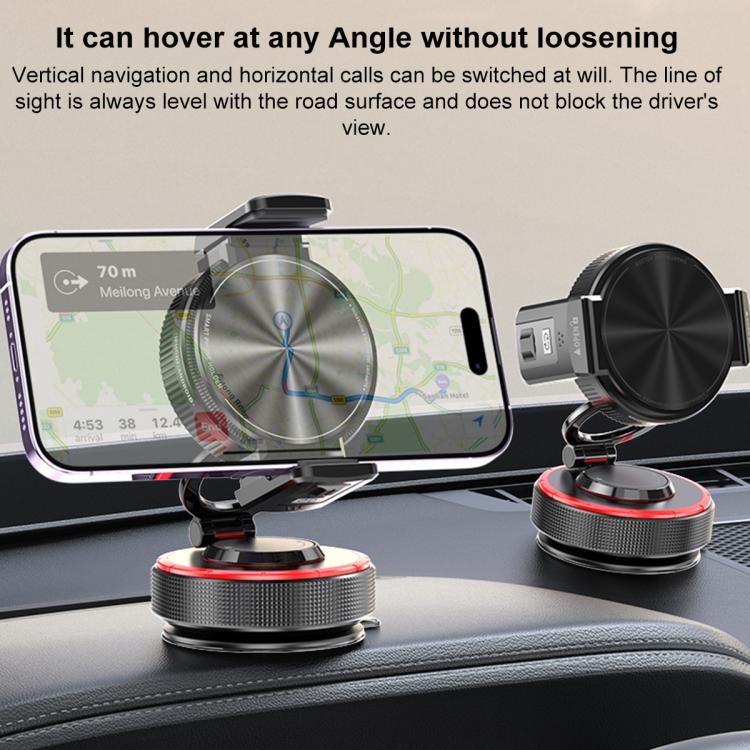 Car phone holder with adjustable cradle, black circular magnet mount on dashboard