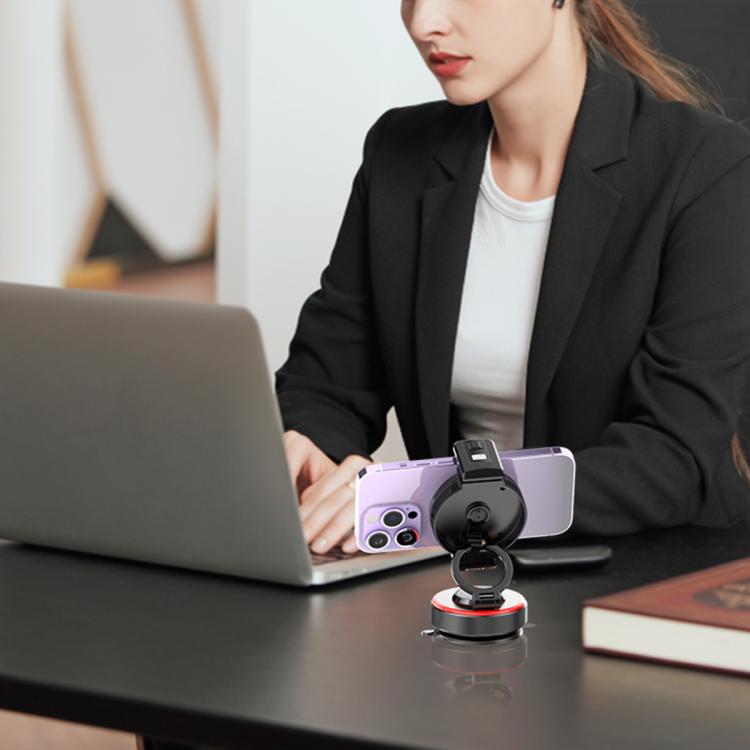 Desktop suction phone holder with clamp arms, black circular mount and red base ring