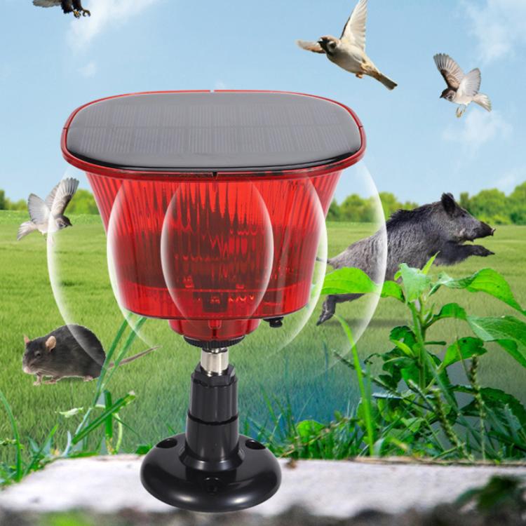 Red translucent solar animal repellent cone on stake-style black base