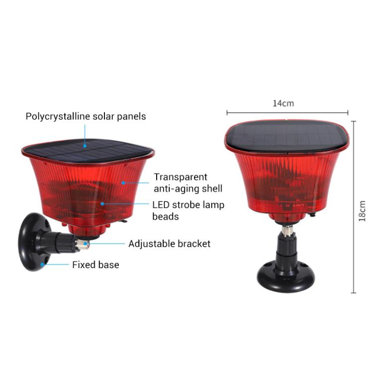 Solar animal repellent alarm light with red lamp shell and black solar panel, adjustable bracket