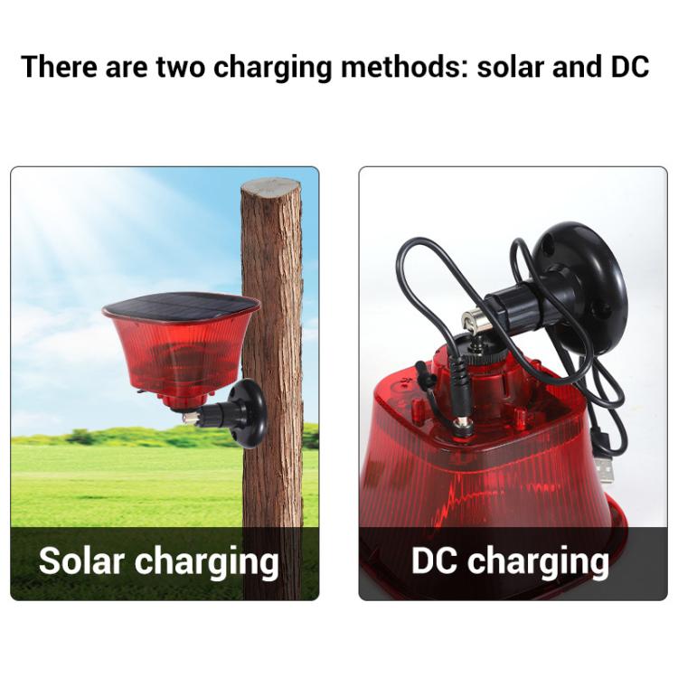 Solar and DC charging animal repellent with red translucent housing and black mount