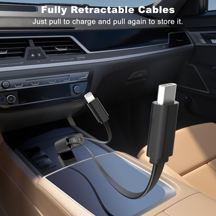 Onten fully retractable car charger with USB-C cable, stored neatly in the console