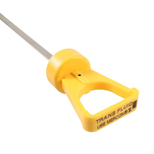 Yellow oil dipstick handle with stamped metal rod for checking fluid level.