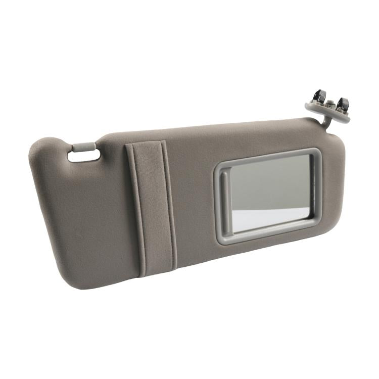 Gray right car sun visor with vanity mirror opening and spring mounting clips