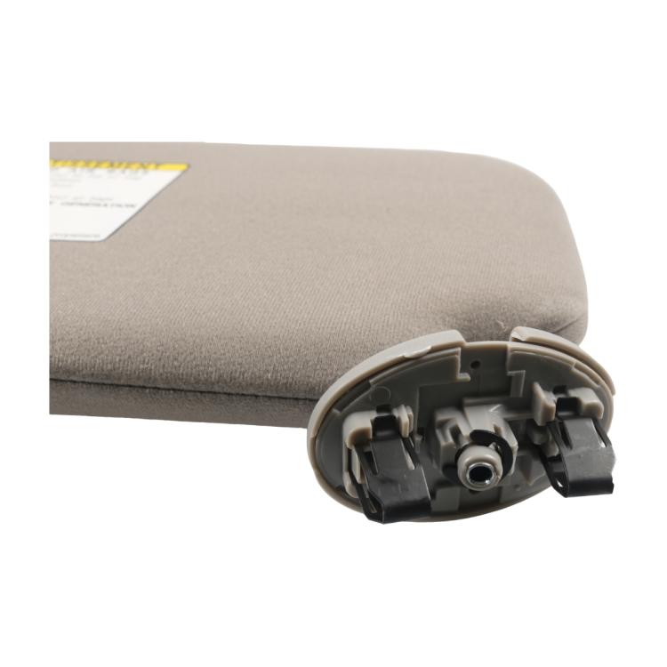 Gray right car sun visor hinge and connector bracket with exposed tabs