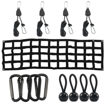 Black heavy-duty cargo net with adjustable rope hooks and metal clips set