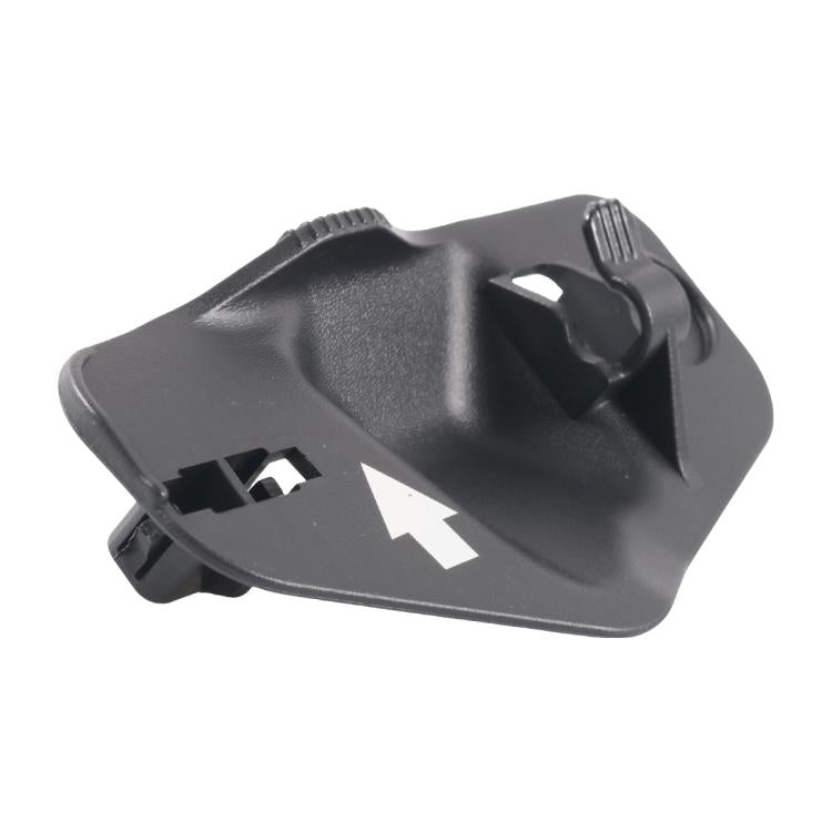 Black plastic hood support rod clip with latch tab and rectangular cutouts