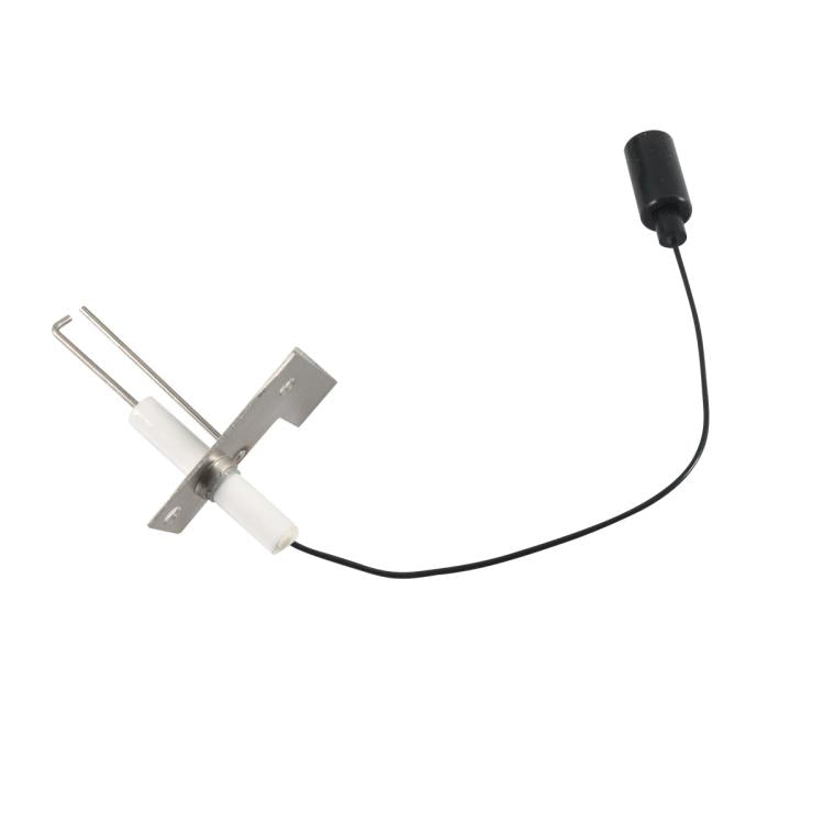 Water heater igniter electrode with metal bracket, white insulator, black cable