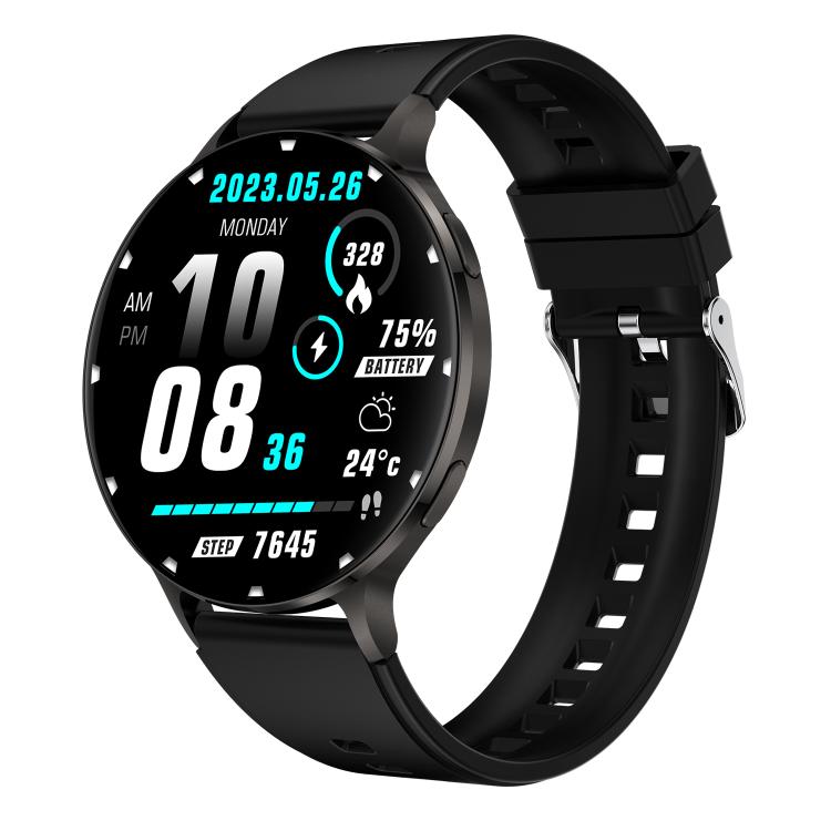 Black round smartwatch with a digital health and activity display and black silicone strap