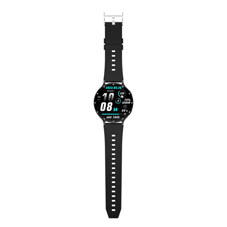 Black round smartwatch shown with its full-length silicone strap