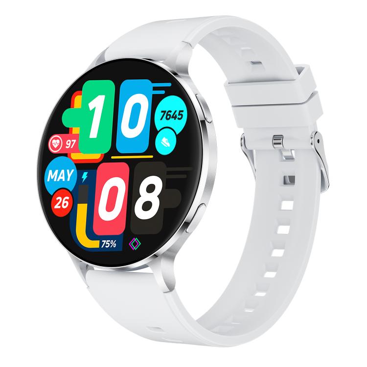 Silver round smartwatch with white silicone strap and colorful digital display
