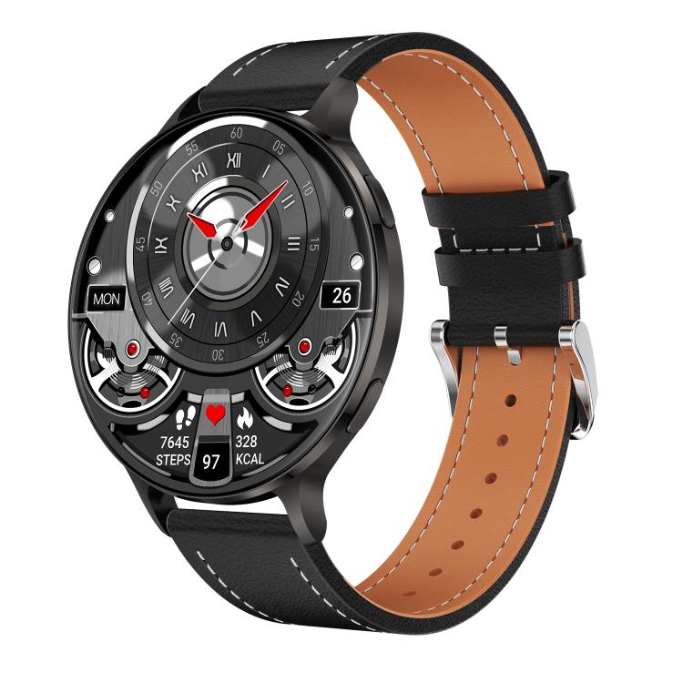 Black round smartwatch with black leather strap, tan lining and analog-style display