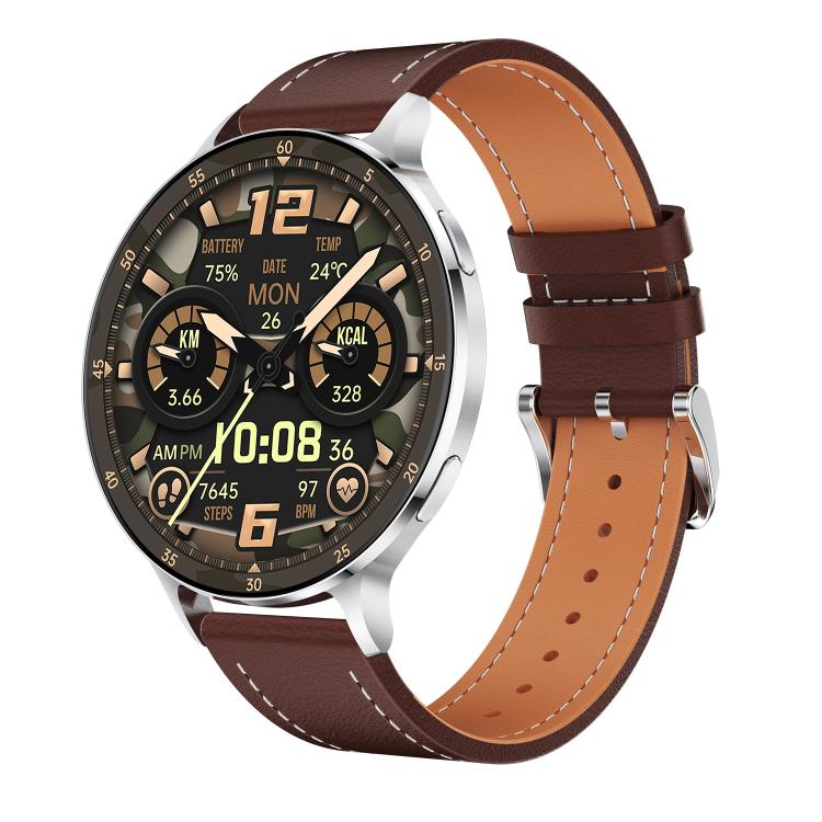 Round smartwatch with silver case, brown leather strap and multi-dial display