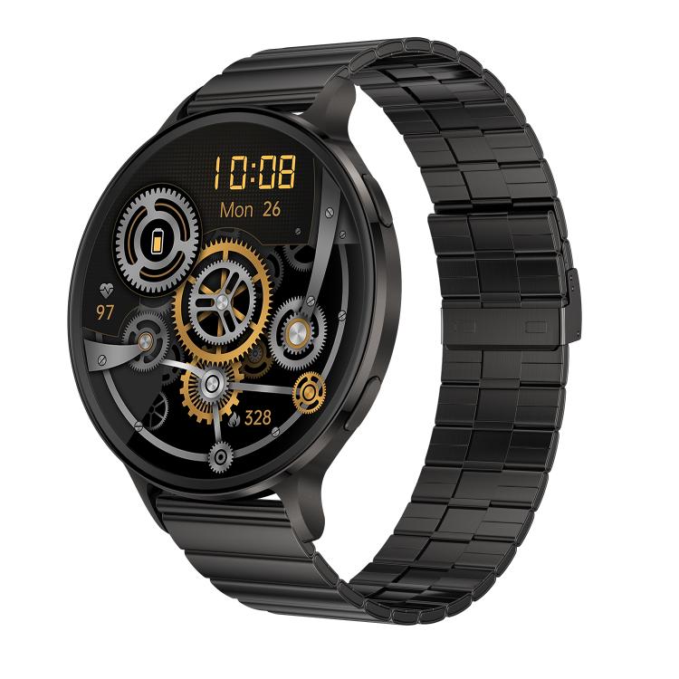 Smartwatch with black metal link band and round gear-style digital face