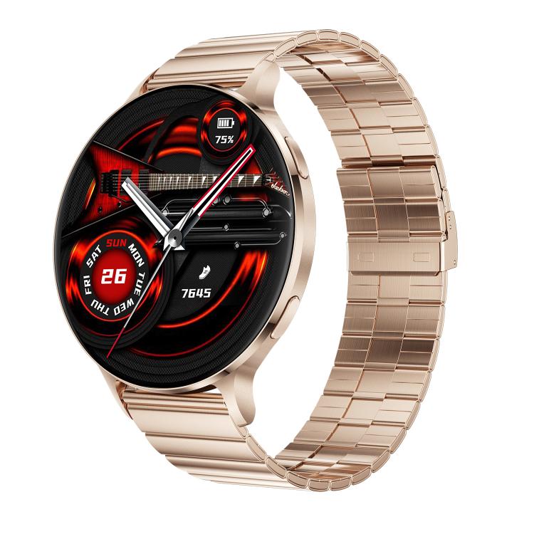 Smartwatch with rose gold metal link band and red-accented round digital face