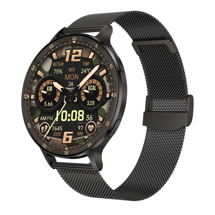Smartwatch with black mesh metal band and detailed analog-style digital face