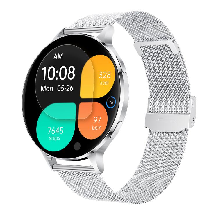 Round smartwatch with silver mesh metal strap and colorful activity display
