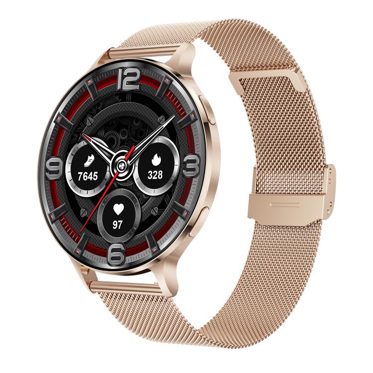 Smartwatch with rose gold mesh metal band and round chronograph-style digital face