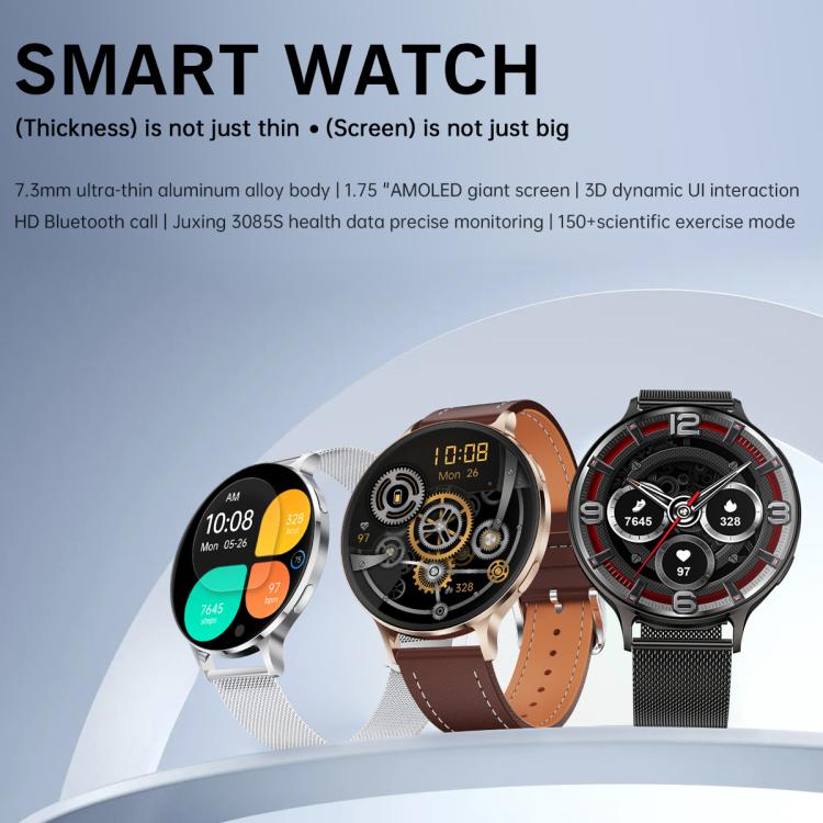 Smartwatch shown in three band styles with round AMOLED faces