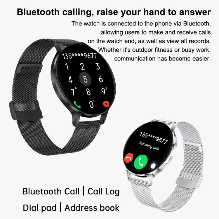Round smartwatch with black and silver mesh straps showing call screens
