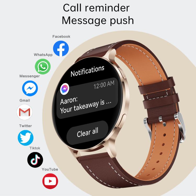 Round smartwatch with brown leather strap and message notification display