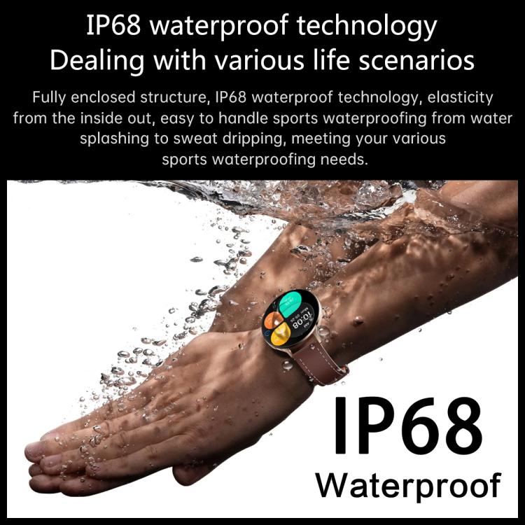 Brown leather strap smartwatch worn while hands are rinsed under water