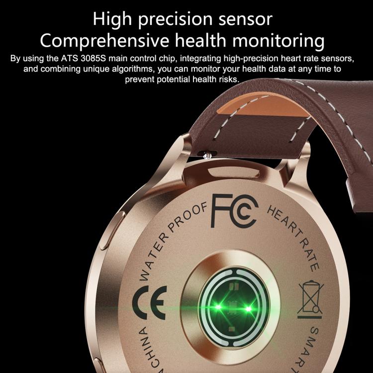 Rose gold smartwatch back with heart rate sensor and brown leather strap