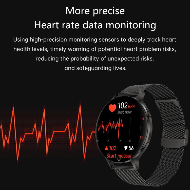 Black round smartwatch with mesh strap displaying heart rate data