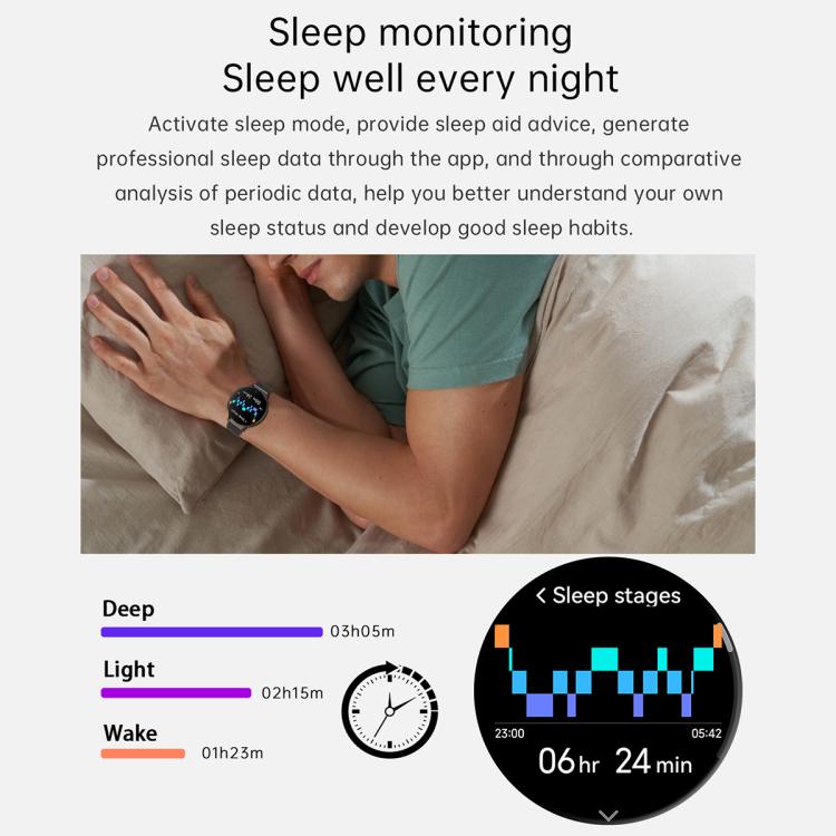 QS07 round-screen smartwatch with black strap displaying sleep tracking data