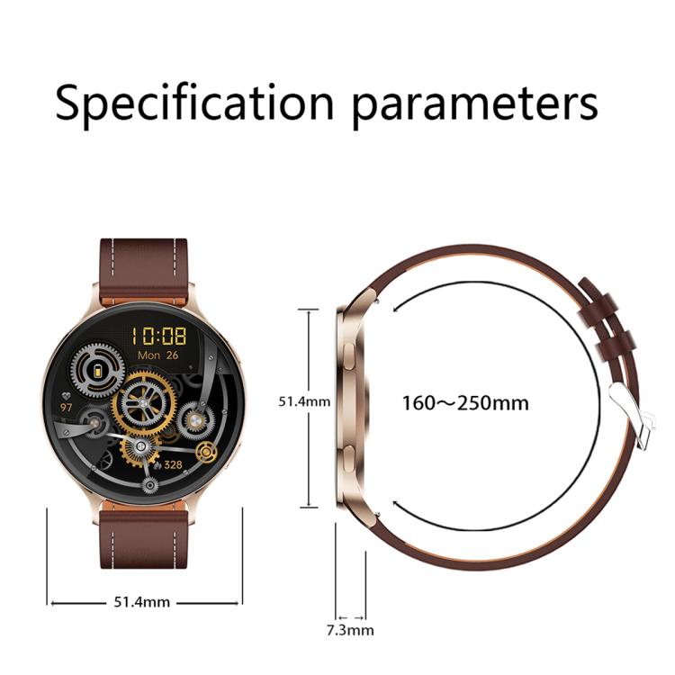 QS07 smartwatch with a brown leather strap and gold-tone case, shown with size measurements