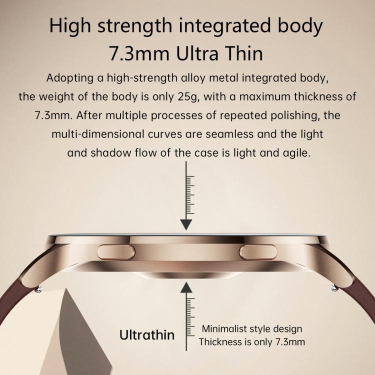 Smartwatch side profile showing a slim metal case and side buttons