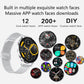 Smartwatch with silver mesh band beside examples of customizable digital watch faces