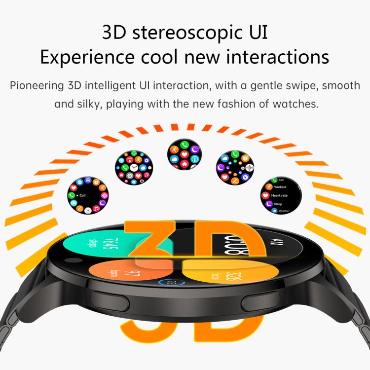 Smartwatch with round screen displaying a 3D layered interface