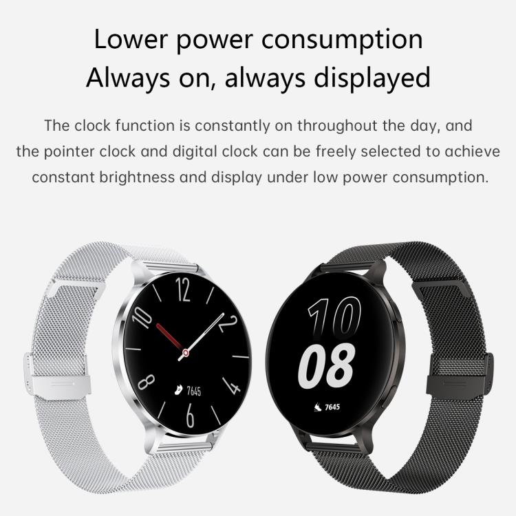 Round smartwatch with silver and black metal mesh straps and always-on watch faces