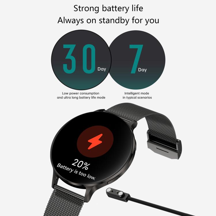Black round smartwatch with mesh strap and low-battery display