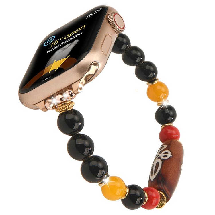 Beaded Apple Watch band with black beads, red and yellow accents, and a brown focal bead