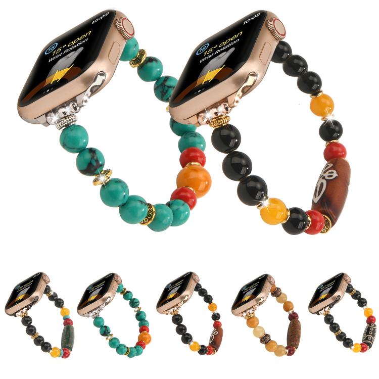 Two Apple Watches with turquoise and black beaded bands, plus five smaller band color variations