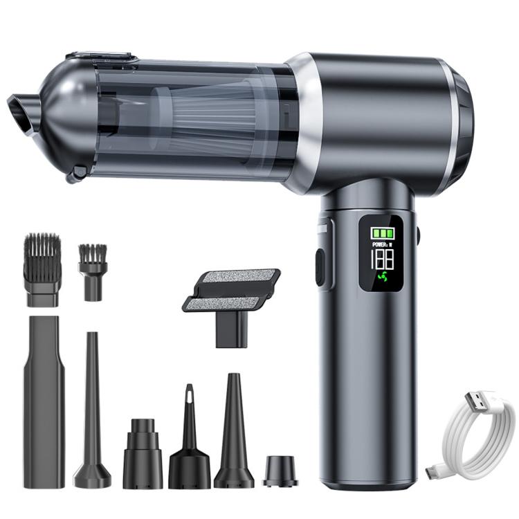 Silver cordless handheld vacuum cleaner with purple accents and multi-nozzle accessory set