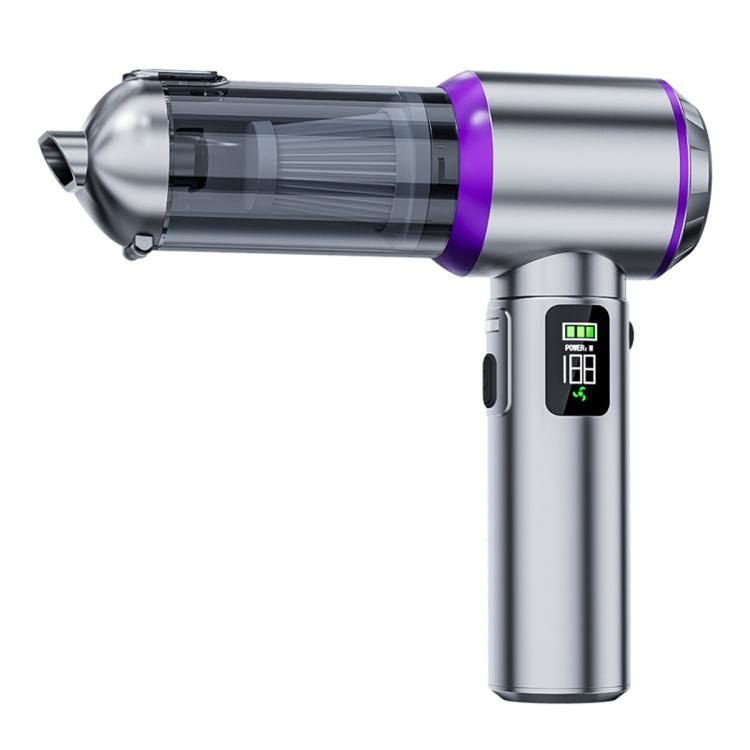 Silver cordless handheld vacuum cleaner with purple accent ring and digital control panel