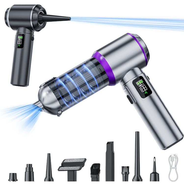 Silver cordless handheld vacuum cleaner with purple accents, showing air suction and nozzle