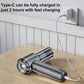 Cordless handheld vacuum cleaner with long dust bin, charging Type-C cable and plug visible