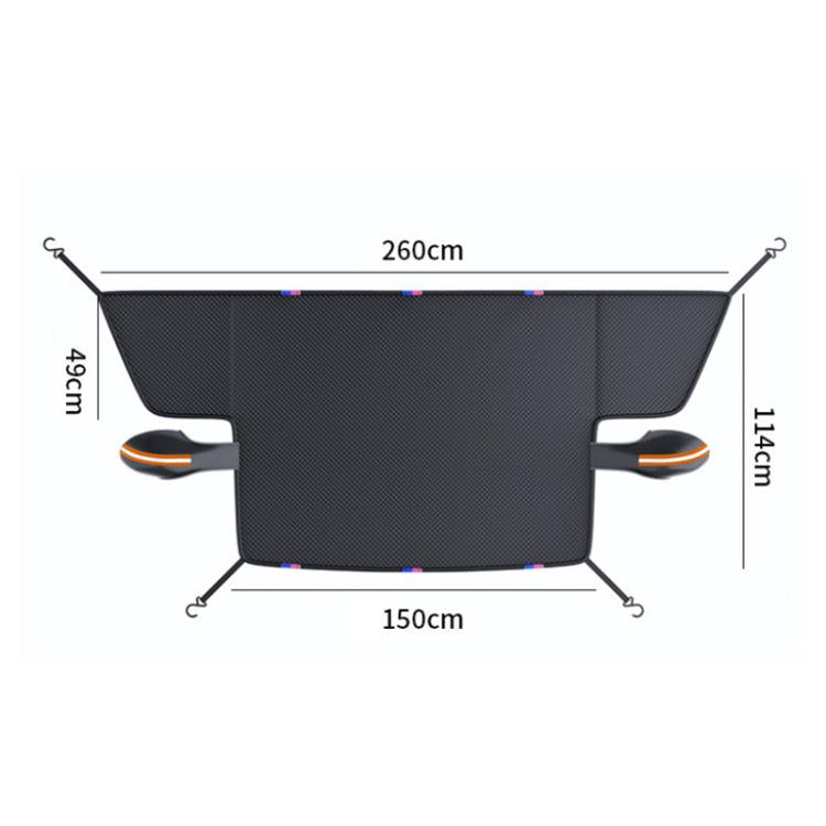 Car windshield cover with dimensions, magnetic corner clips, black textured fabric